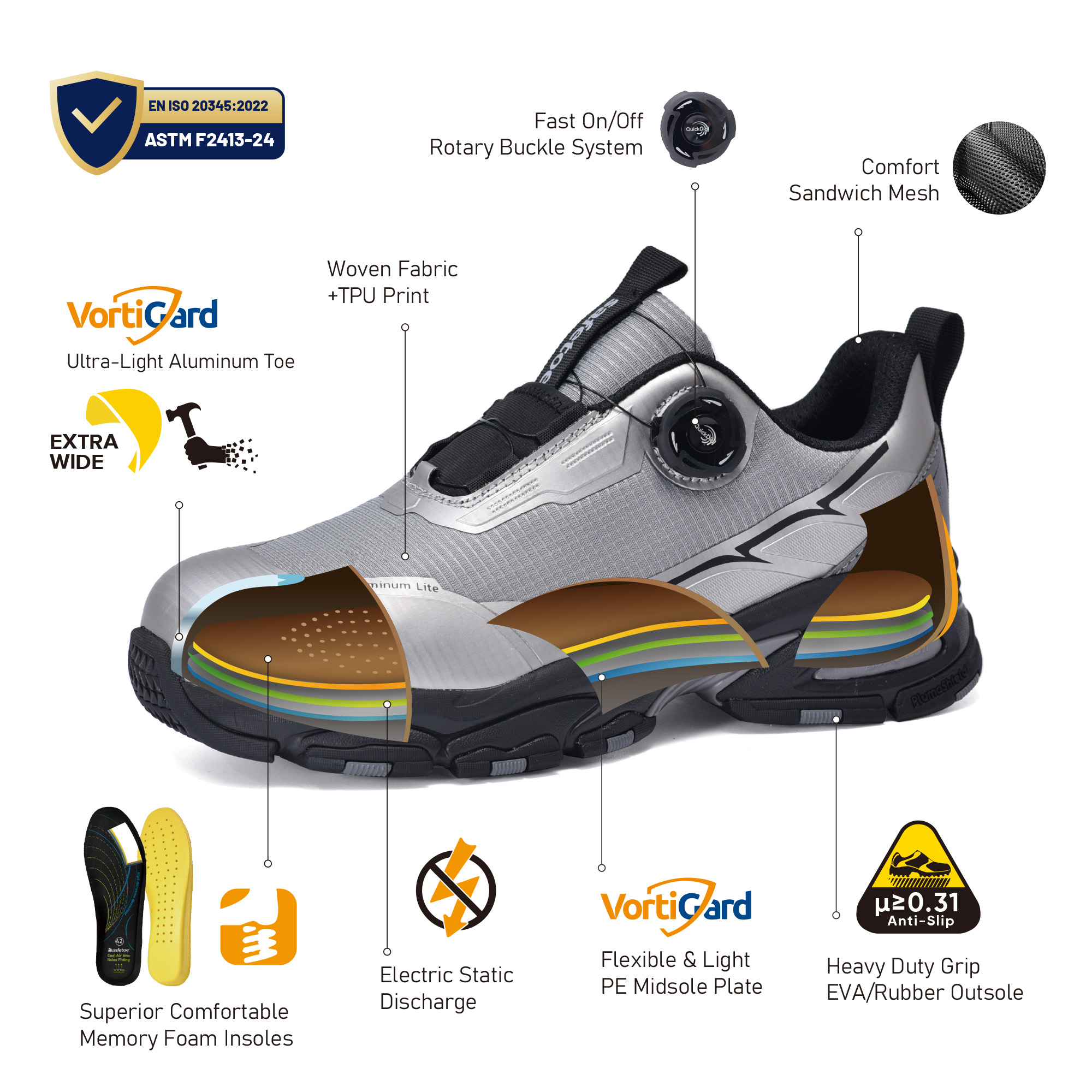 Scarpe antinfortunistiche QuickDial dal design sportivo, punta in alluminio S1P e antiscivolo per operatori logistici L-7601 Grigio