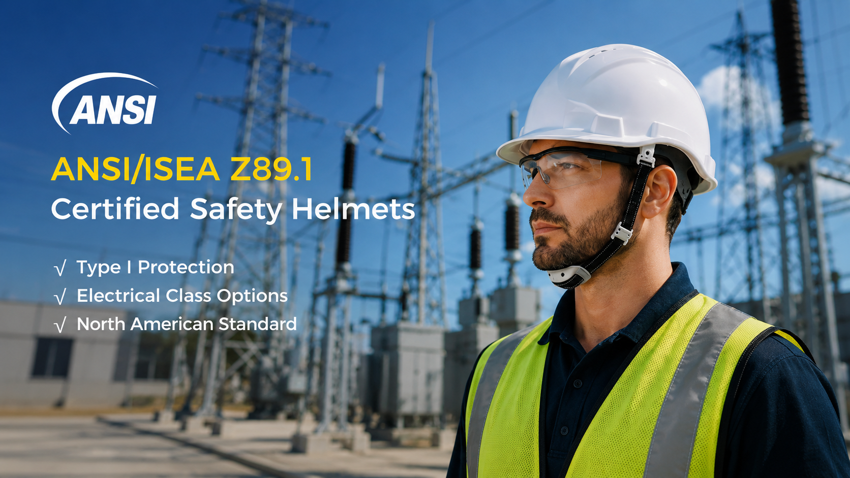 Operatore di servizi pubblici che indossa un casco di sicurezza certificato in una sottostazione elettrica con protezione ANSI ISEA Z89.1