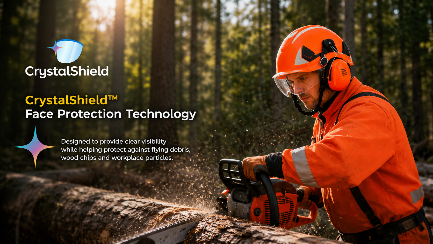 Tecnologia di protezione facciale CrystalShield per lavori forestali e con motoseghe