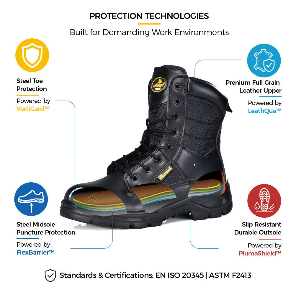 Tecnologie di protezione degli stivali di sicurezza tattici S3 Safetoe H-9438 con punta in acciaio, intersuola in acciaio resistente alla perforazione, tomaia in pelle pieno fiore e suola antiscivolo 