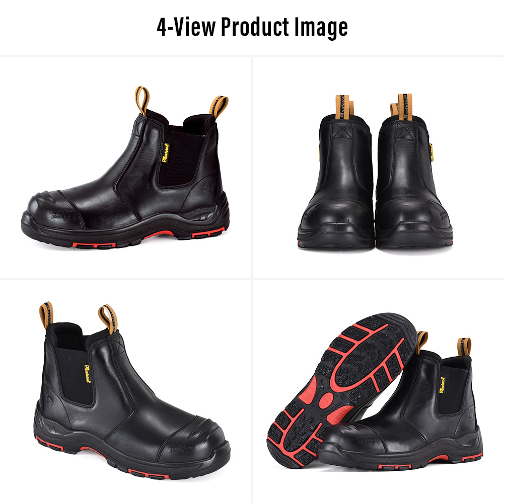 Viste multiple degli stivali da lavoro industriali slip-on in pelle nera Safetoe M-8025NBK
