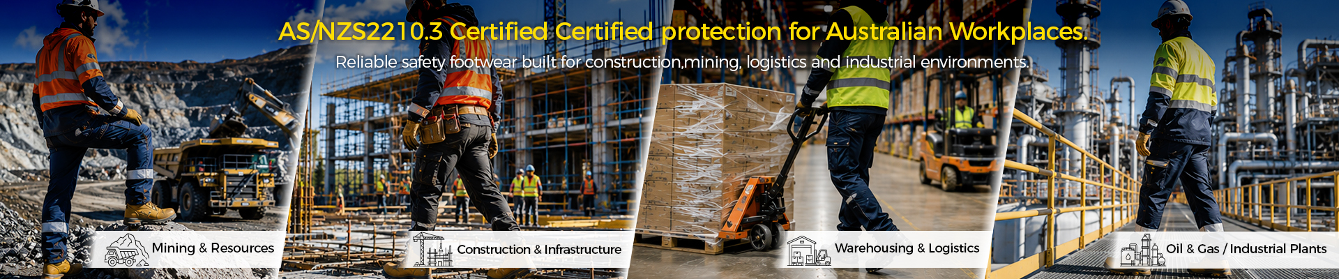 Calzature di sicurezza certificate AS/NZS per i luoghi di lavoro australiani e neozelandesi, tra cui l'edilizia, l'estrazione mineraria, la logistica e gli ambienti industriali