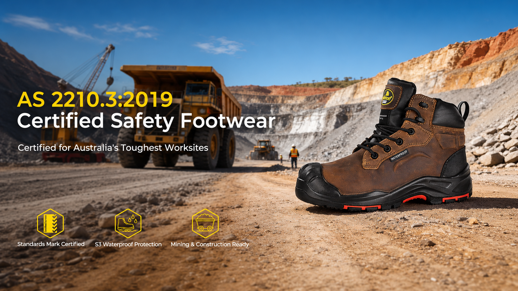 Stivale di sicurezza marrone impermeabile certificato AS 2210.3:2019 esposto in un sito minerario a cielo aperto australiano