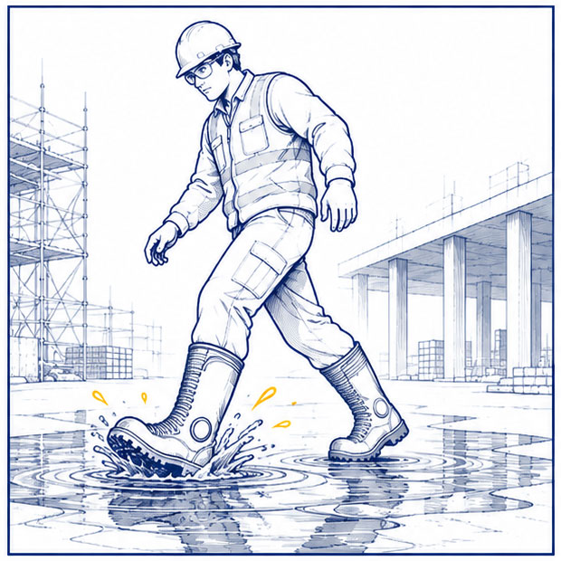 Condizioni di lavoro in acqua e bagnato che richiedono calzature di sicurezza industriali impermeabili
