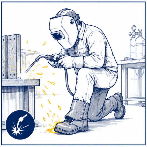 Saldatore che lavora vicino a scintille e schizzi di metallo caldo, illustrando i rischi per i piedi nei luoghi di lavoro di saldatura e la necessit&agrave; di stivali protettivi di sicurezza per saldatura.