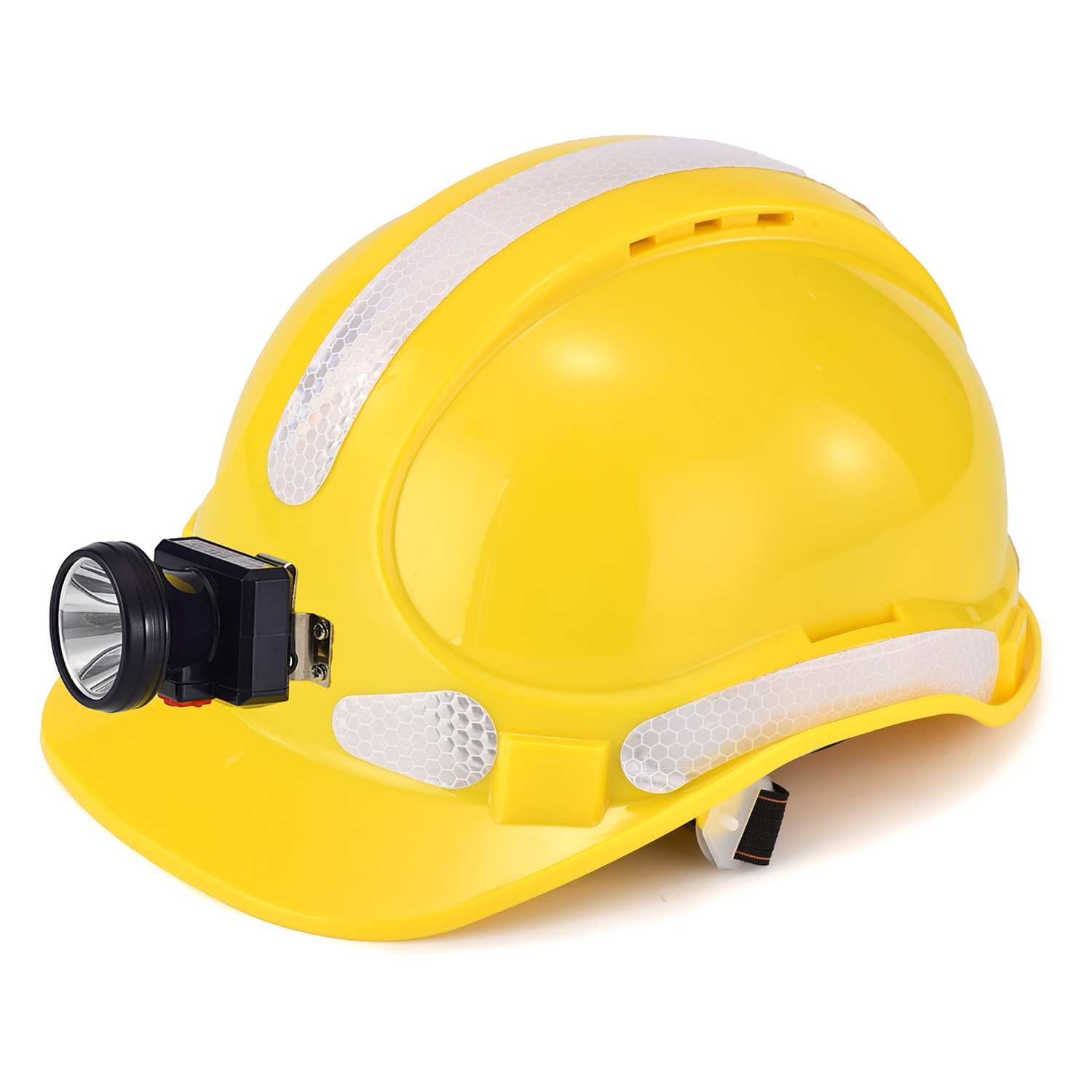 Casco di sicurezza da costruzione giallo con lampada frontale e strisce riflettenti per lavori industriali