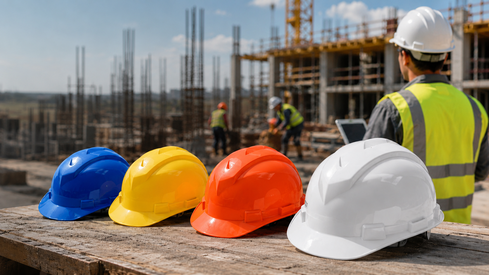 Caschi di sicurezza da costruzione blu giallo arancione e bianco per la protezione della testa del cantiere