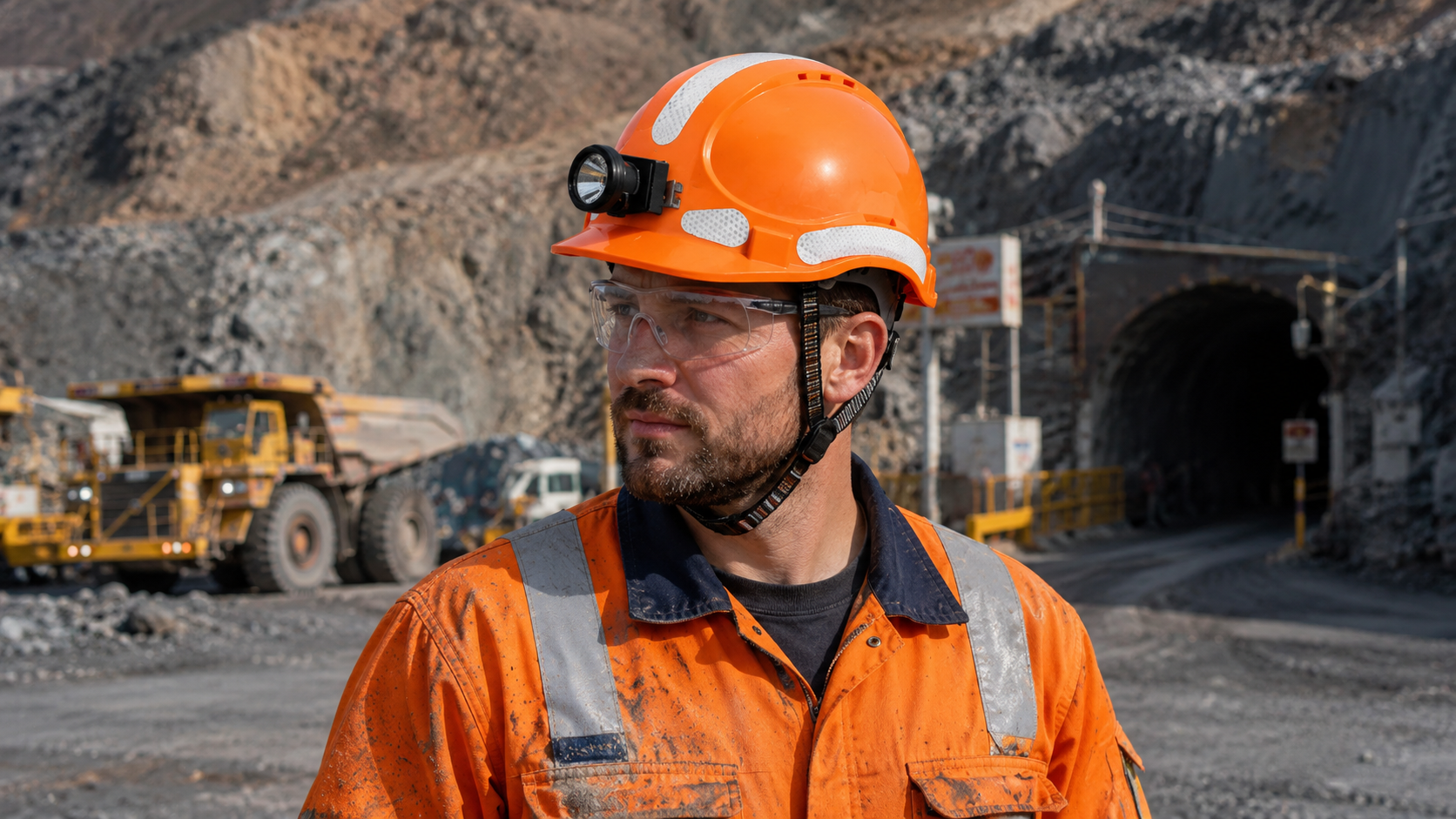 Operaio minerario che indossa un casco di sicurezza arancione con lampada frontale e strisce riflettenti in una miniera a cielo aperto