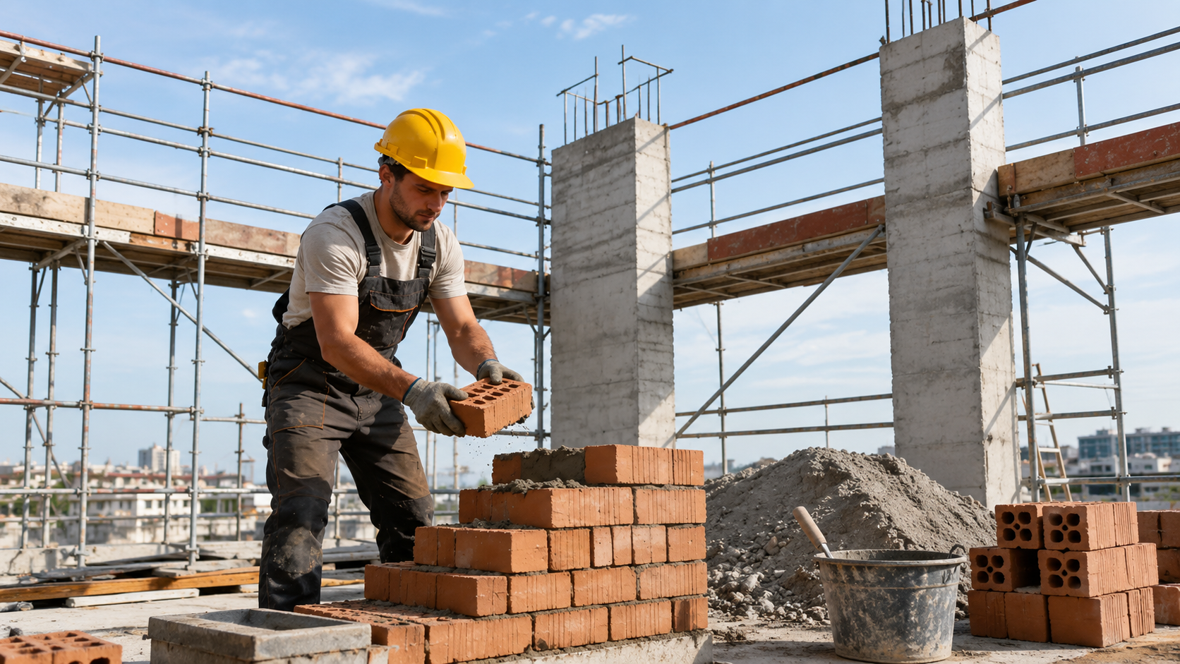 Operaio edile che indossa un casco di sicurezza giallo mentre posa i mattoni in un cantiere