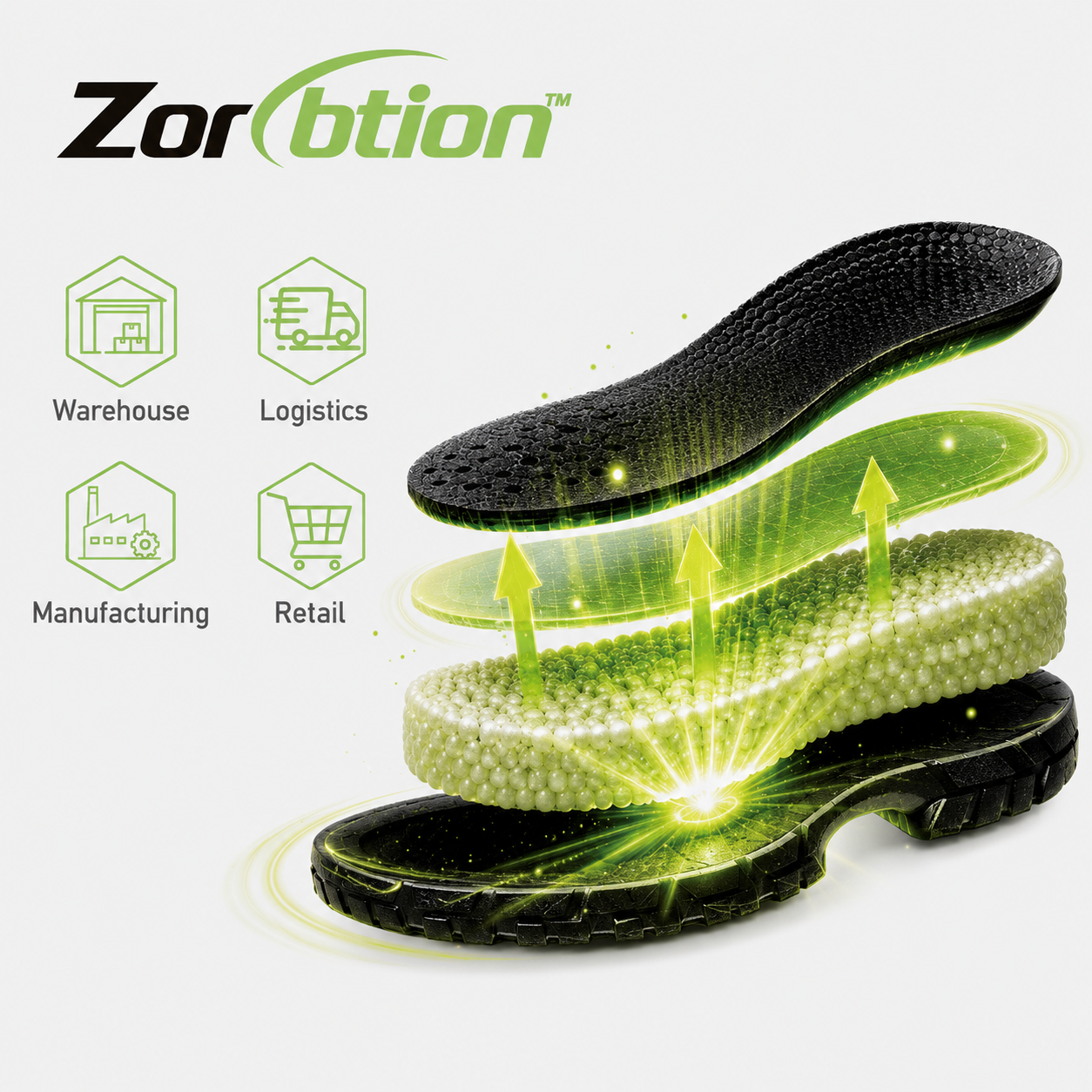 Sistema di assorbimento degli urti Zorption per comode scarpe antinfortunistiche nella logistica e nel magazzinaggio