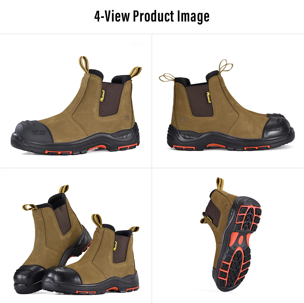 Viste multiple degli stivali di sicurezza industriali slip-on in pelle marrone M-8025NB