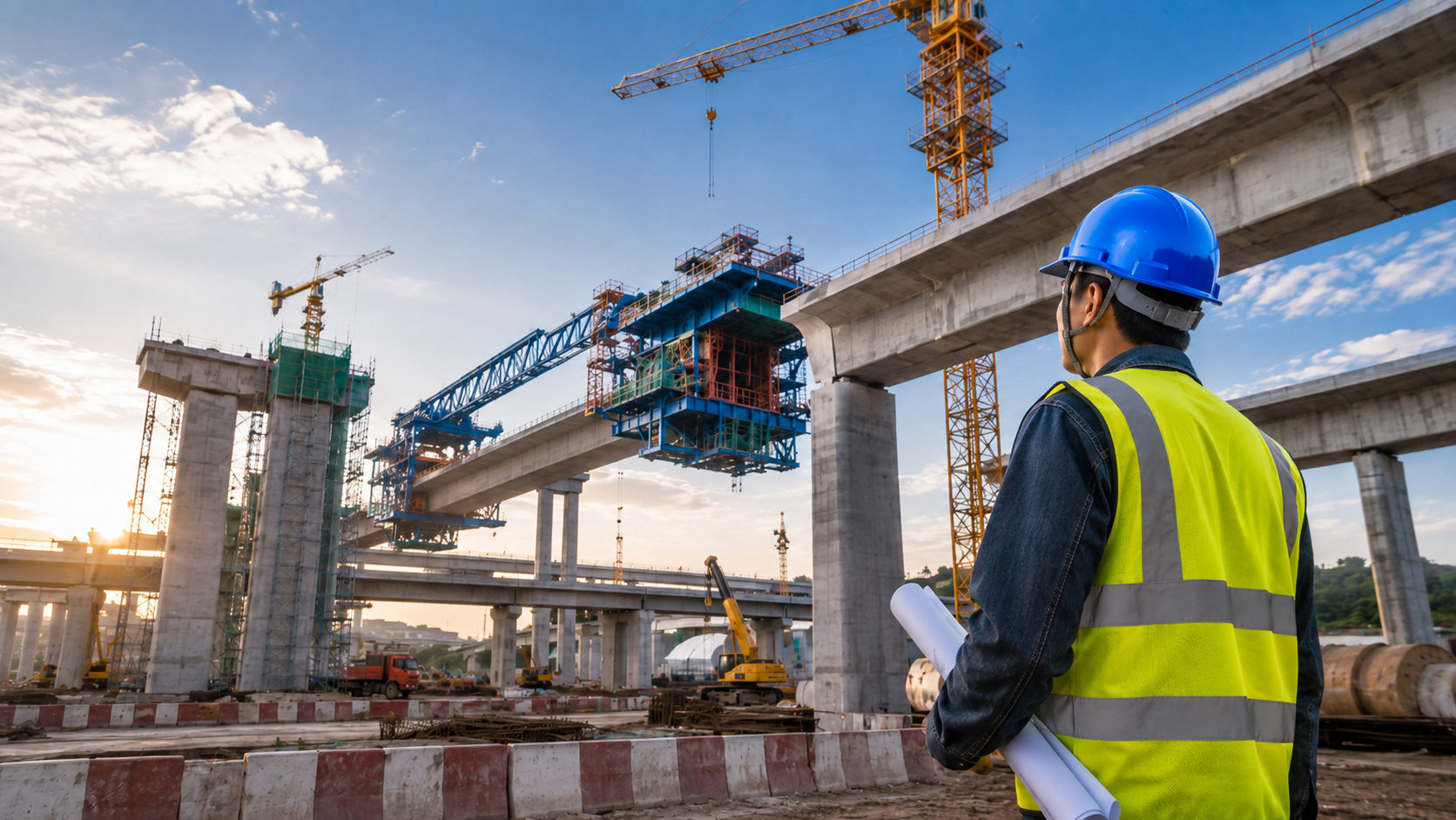 Ingegnere che indossa un casco di sicurezza da costruzione blu in un grande progetto di un ponte infrastrutturale