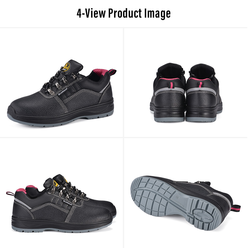 Quattro viste delle scarpe antinfortunistiche basse da donna nere Safetoe L-7508W con punta in acciaio, dettagli di fodera rosa e suola in PU/PU antiscivolo 