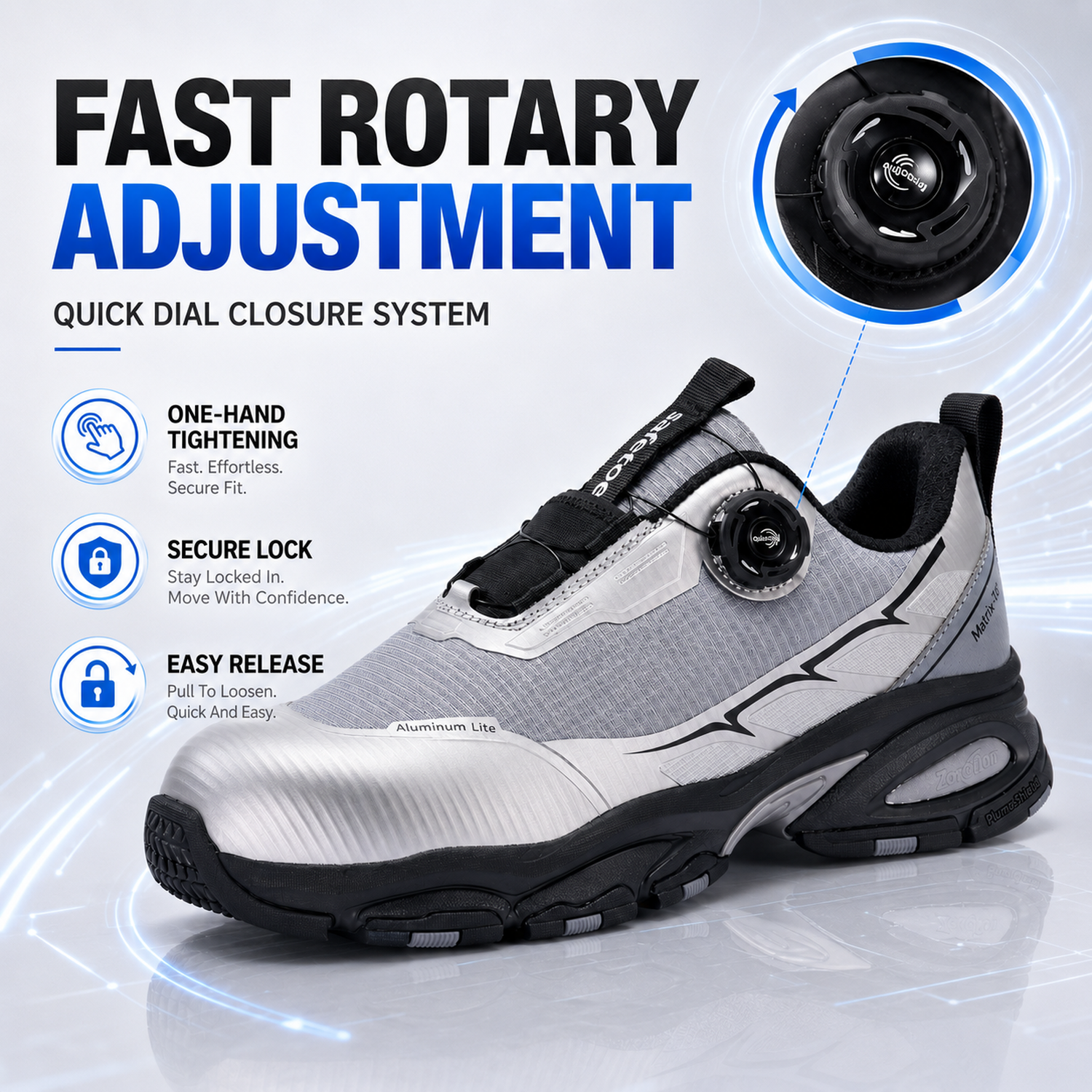 Scarpe antinfortunistiche QuickDial dal design sportivo, punta in alluminio S1P e antiscivolo per operatori logistici L-7601 Grigio