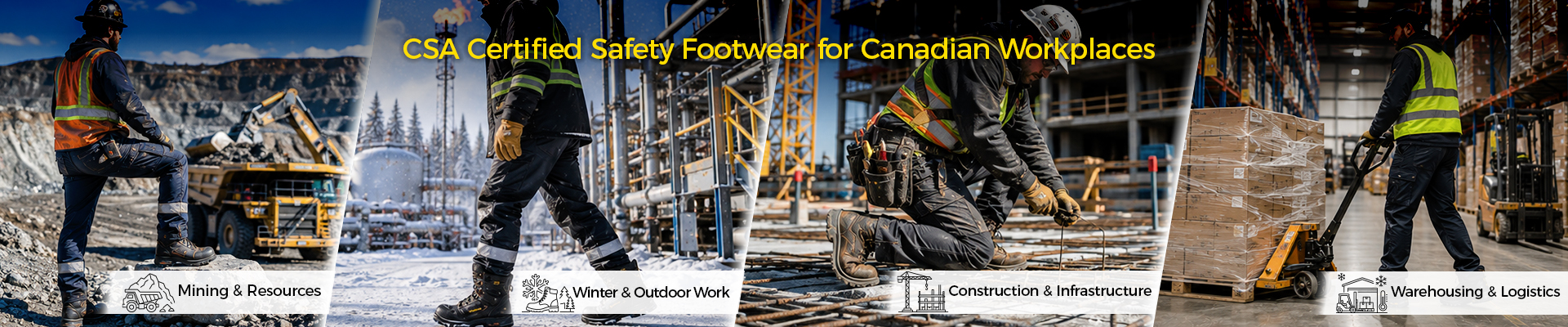 Calzature di sicurezza certificate CSA per i luoghi di lavoro canadesi, tra cui l'edilizia, l'estrazione mineraria, la produzione e gli ambienti con clima freddo