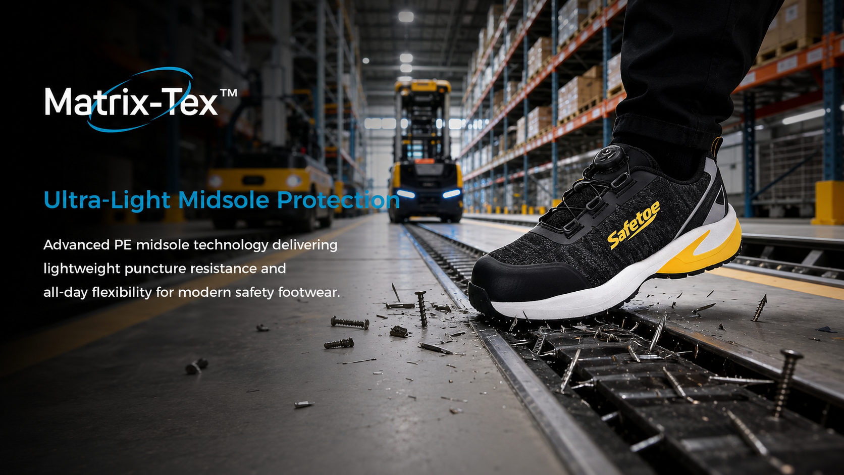 Scarpa antinfortunistica nera con intersuola leggera antiforatura Matrix-Tex in ambiente di magazzino
