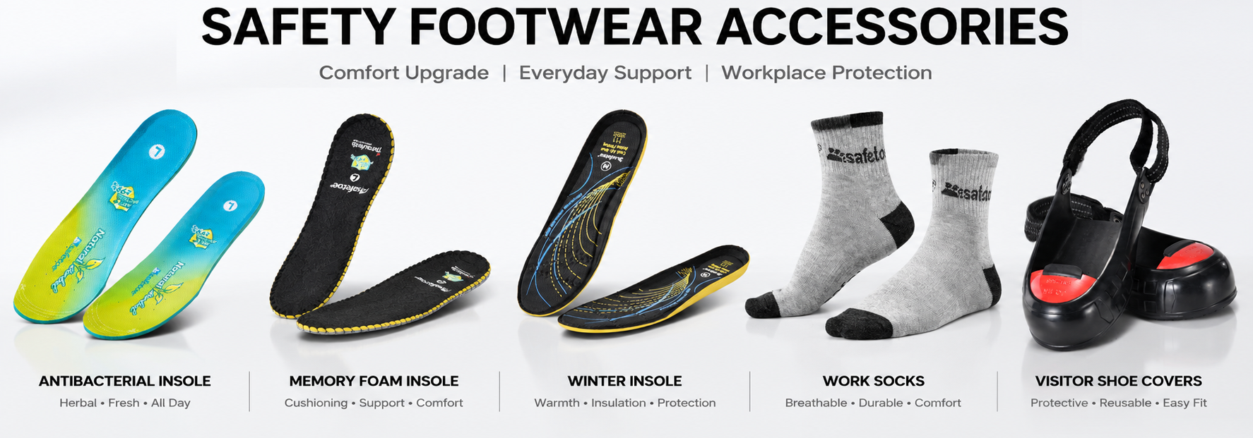 Accessori per calzature di sicurezza tra cui solette comfort, calze da lavoro e copriscarpe per visitatori per luoghi di lavoro professionali