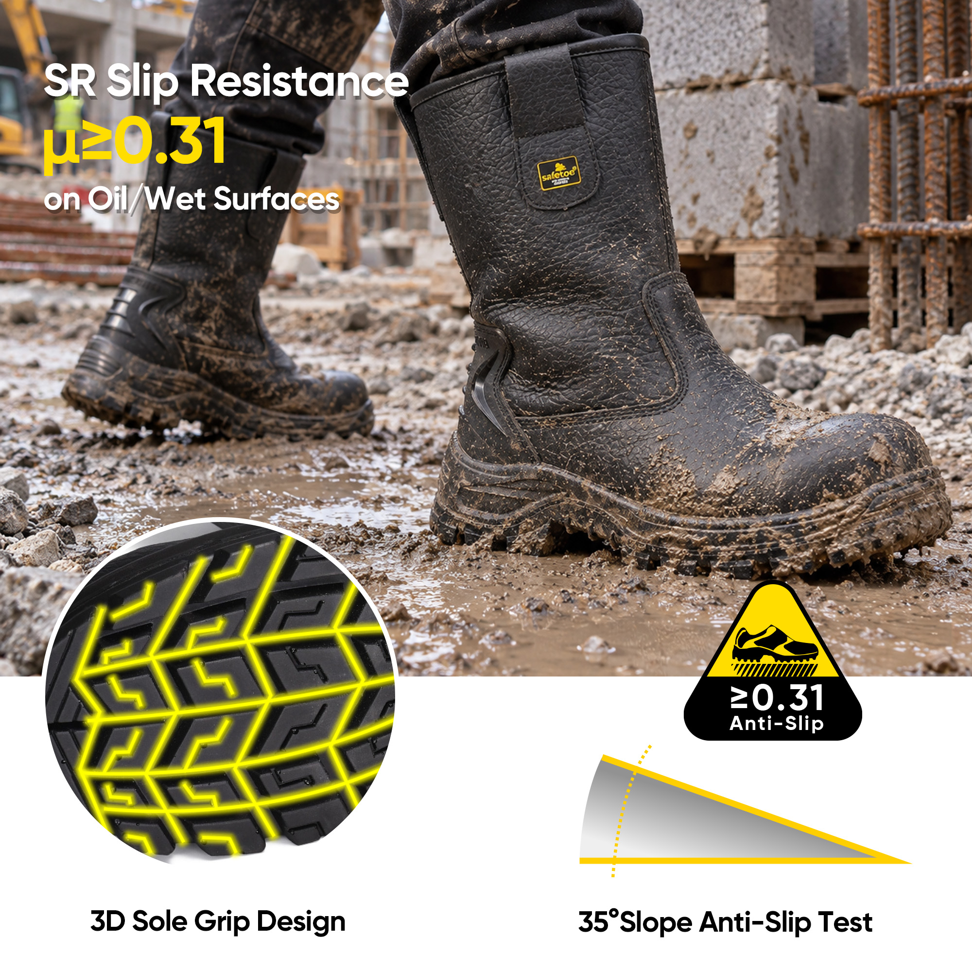 Stivali antinfortunistici Rigger in pelle nera con punta in acciaio | H-9430