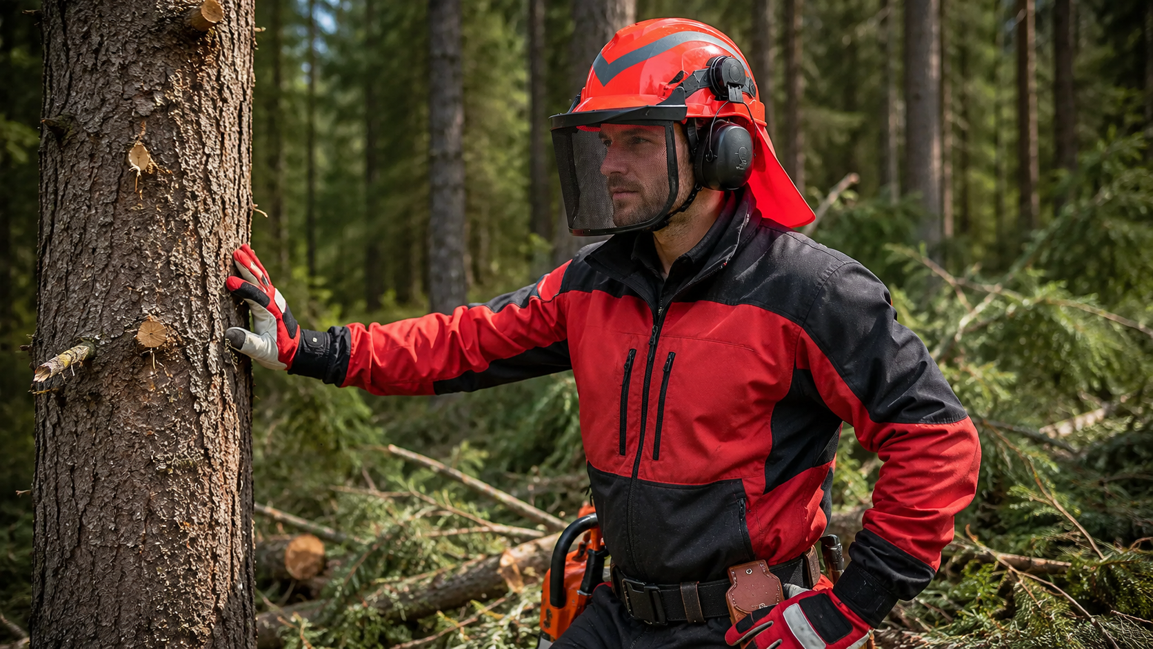 Operaio forestale che indossa un casco di sicurezza con visiera e protezione per l'udito