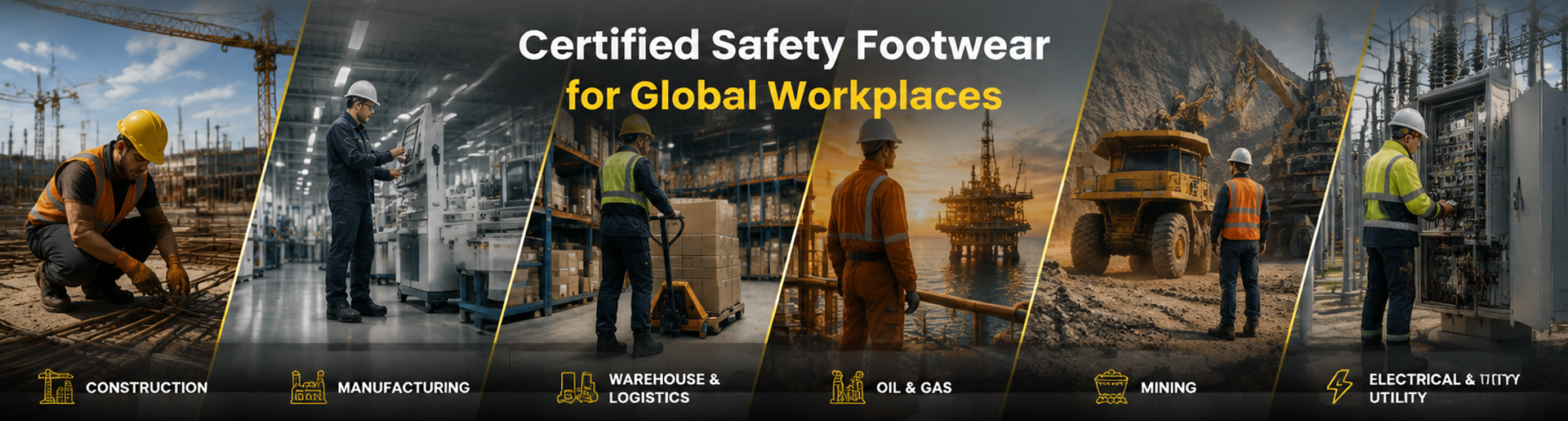 Calzature di sicurezza certificate per luoghi di lavoro globali, tra cui edilizia, produzione, magazzino, petrolio e gas, miniere e applicazioni elettriche