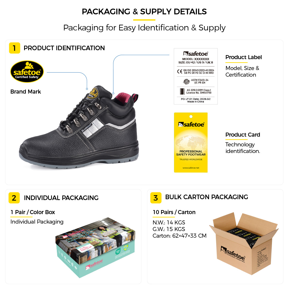 Safetoe M-8516W stivali di sicurezza da donna con etichetta del prodotto, scatola di scarpe individuale e imballaggio in cartone sfuso