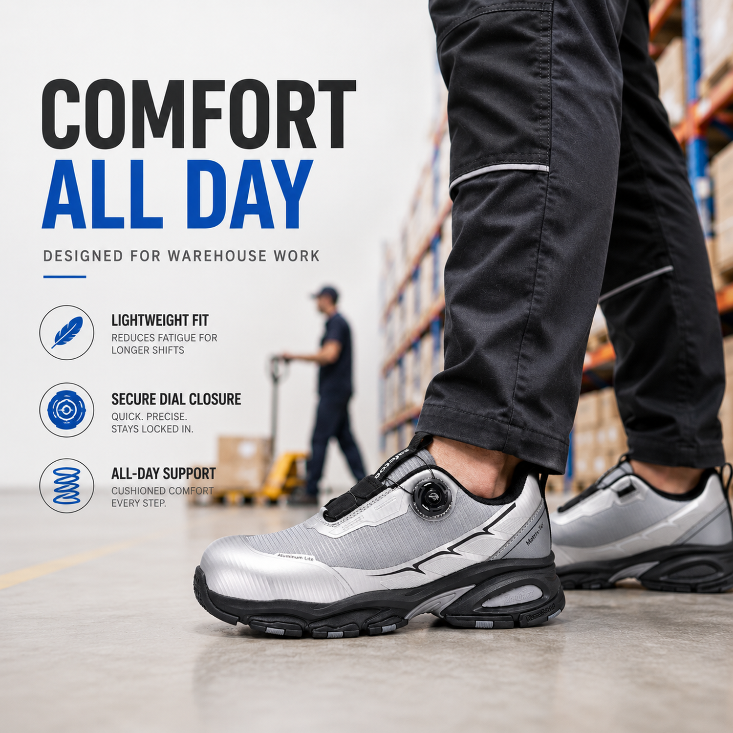 Scarpe antinfortunistiche QuickDial dal design sportivo, punta in alluminio S1P e antiscivolo per operatori logistici L-7601 Grigio