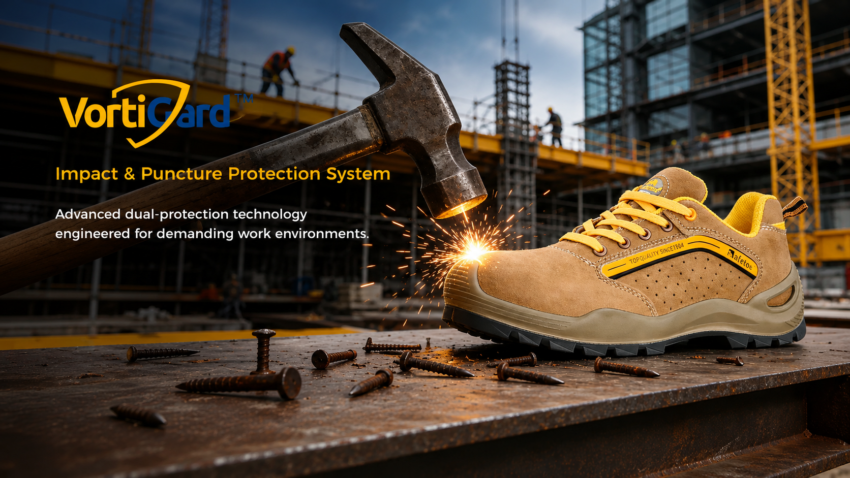 Scarpa antinfortunistica marrone chiaro con tecnologia VortiGard di protezione dagli urti e dalle forature in un cantiere edile